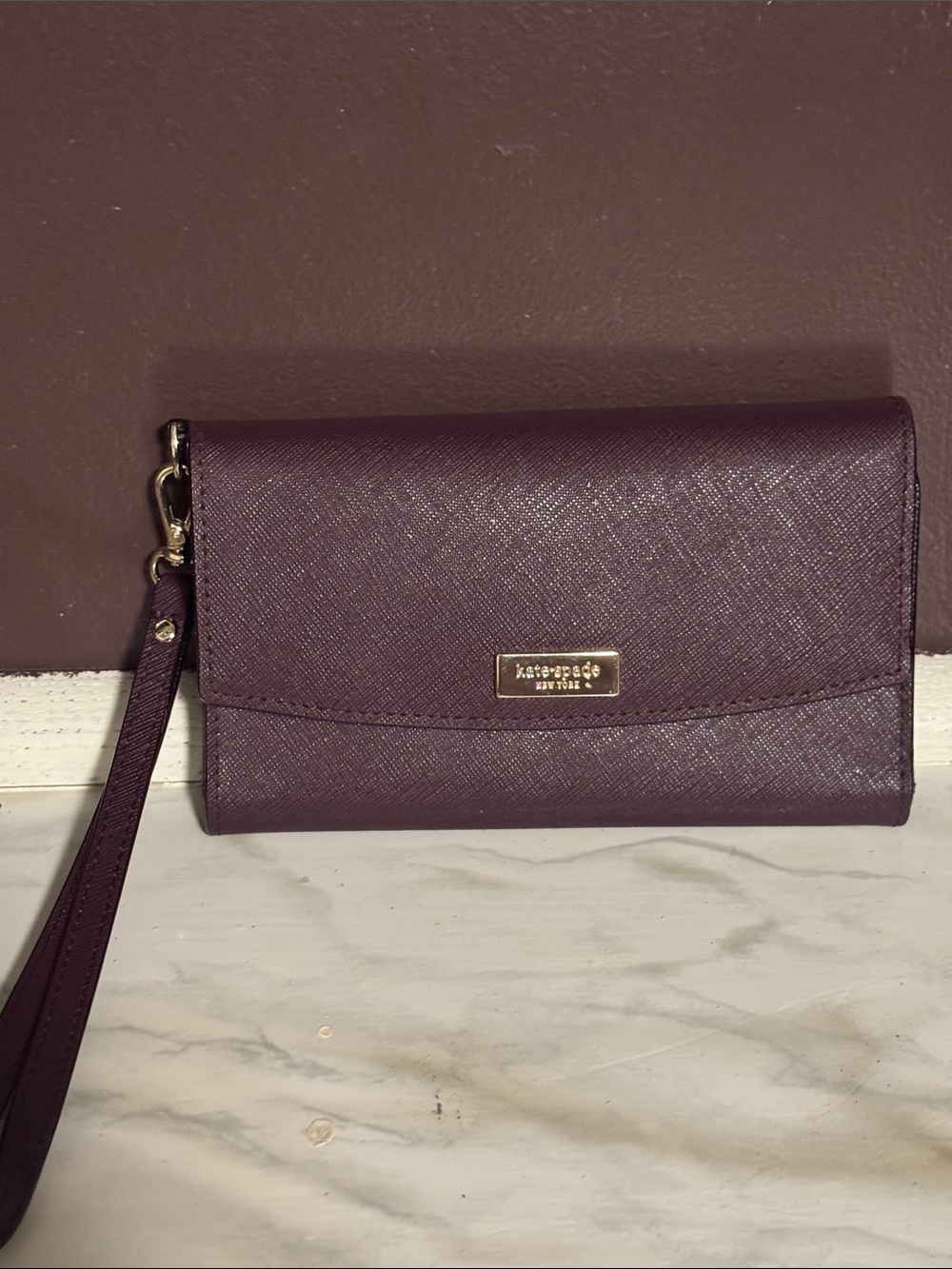 kate spade Plum Saffiano Wristlet Clutch with Gold Hardware